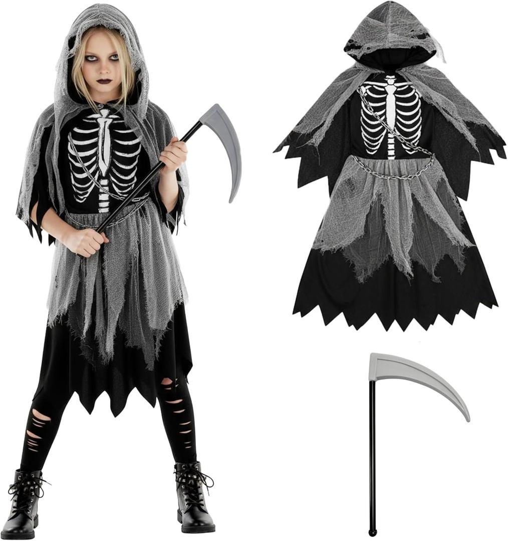 Morph Girl Grim Reaper Costume, Grim Reaper Girl, Scary Girls Costume Kids, Halloween Costume Girls, Halloween Costumes Kids (Small)