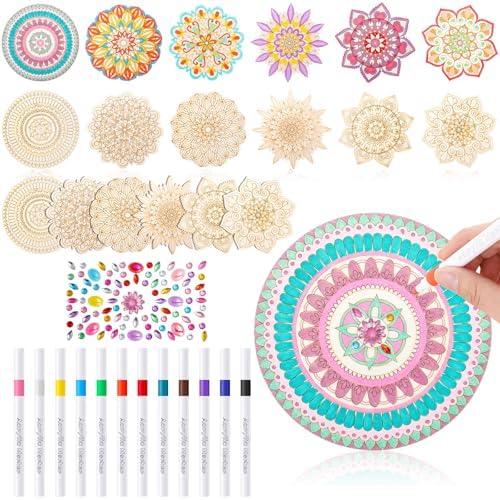 Fullhawl 31 Pcs Wooden Mandala Painting Set - 18 Unfinished Wood Cutouts, 12 Markers, 1 Gem Stickers for Adults DIY Crafts, Christmas, Back to School Gift,Wedding, Home Decors(Stylish Style)