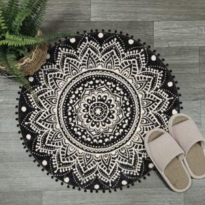 Uphome Small Round Rug 2.3 Black Mandala Boho Bathroom Rugs with Pom Poms Fringe Washable Circle Shower Mat Soft Non-Slip Cute Circular Throw Rug for Sink Powder Room Bedroom Kids Room Nursery