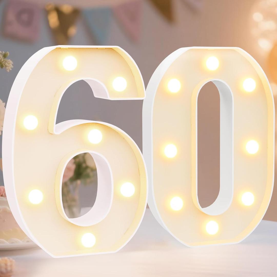 Pooqla Decorative Led Light Up Number Letters, White Plastic Marquee Number Lights Sign for 60th Birthday Party Wedding Decor Battery Operated Number (60) (8.86 in)
