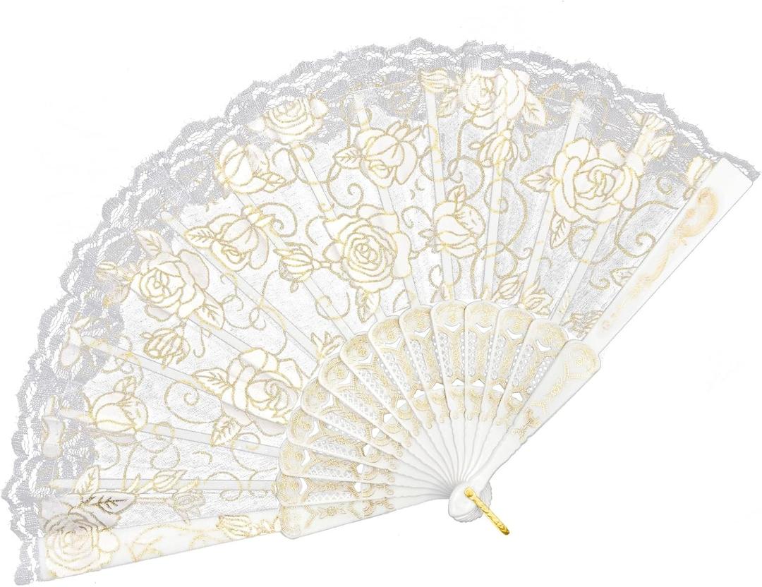 EOSAU Handheld Chinese Folding Fan Lace Hand Fans for Women Foldable Bulk for Party Wedding Church Dancing (White)