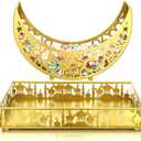Hushee 2 Pcs Large Ramadan Plate Iron Serving Tray Plate Large Eid Mubarak Metal Serving Dishes Trays Moon Square Shape Food Dessert Tray for Home Ramadan Mubarak Party Supplies(Classic Style)