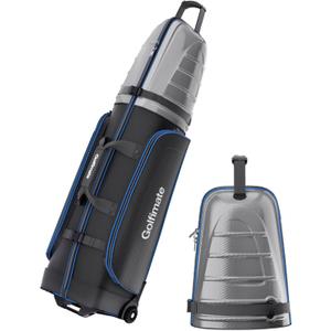 Golf Travel Bags for Airlines with Carbon Fiber Hard Top, Protective Club Traveling Cover with Wheel, Golf Club Carrier Case for Airplanes, Thick Padding, Durable Zippers and 2 Sided Spacious Pockets, Gray Carbon Fiber with Blue Piping