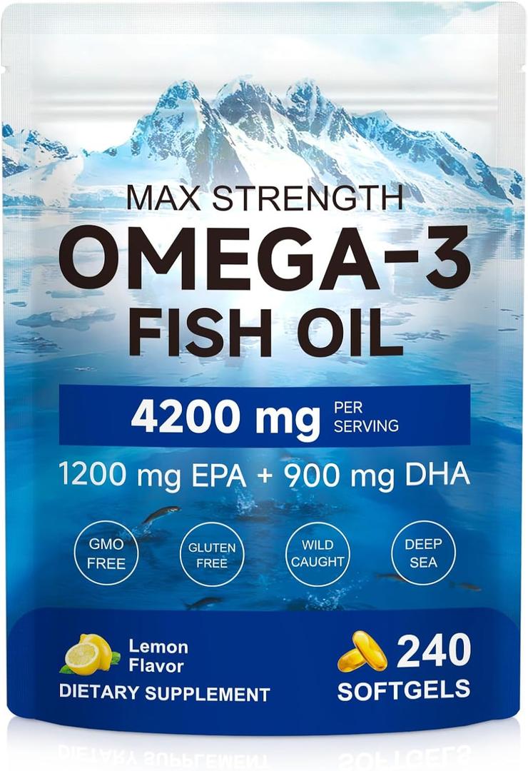 Omega 3 Fish Oil 4200mg per Serving (3 Softgels) - 2290mg Total Omega 3 (1200mg EPA & 900mg DHA) - 240 Softgels, 80-Day Supply - Wild Caught Burpless Lemon Flavor Dietary Supplement,  Exp 05/17/2029