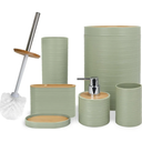 CERBIOR Bathroom Accessories Set 6 Piece Bamboo Bath Ensemble Includes Soap Dispenser, Toothbrush Holder, Toothbrush Cup, Soap Dish for Decorative Countertop and Housewarming Gift, Sriral Green