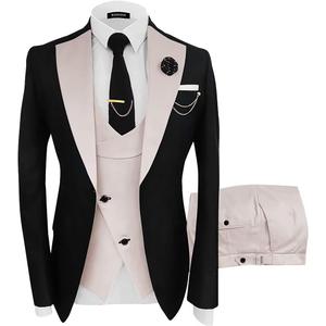 Wangyue Mens Suit 3 Piece Slim Fit Suits for Men Wedding Prom Tuxedo for Men Formal Business Suit (Small, Black-beige)