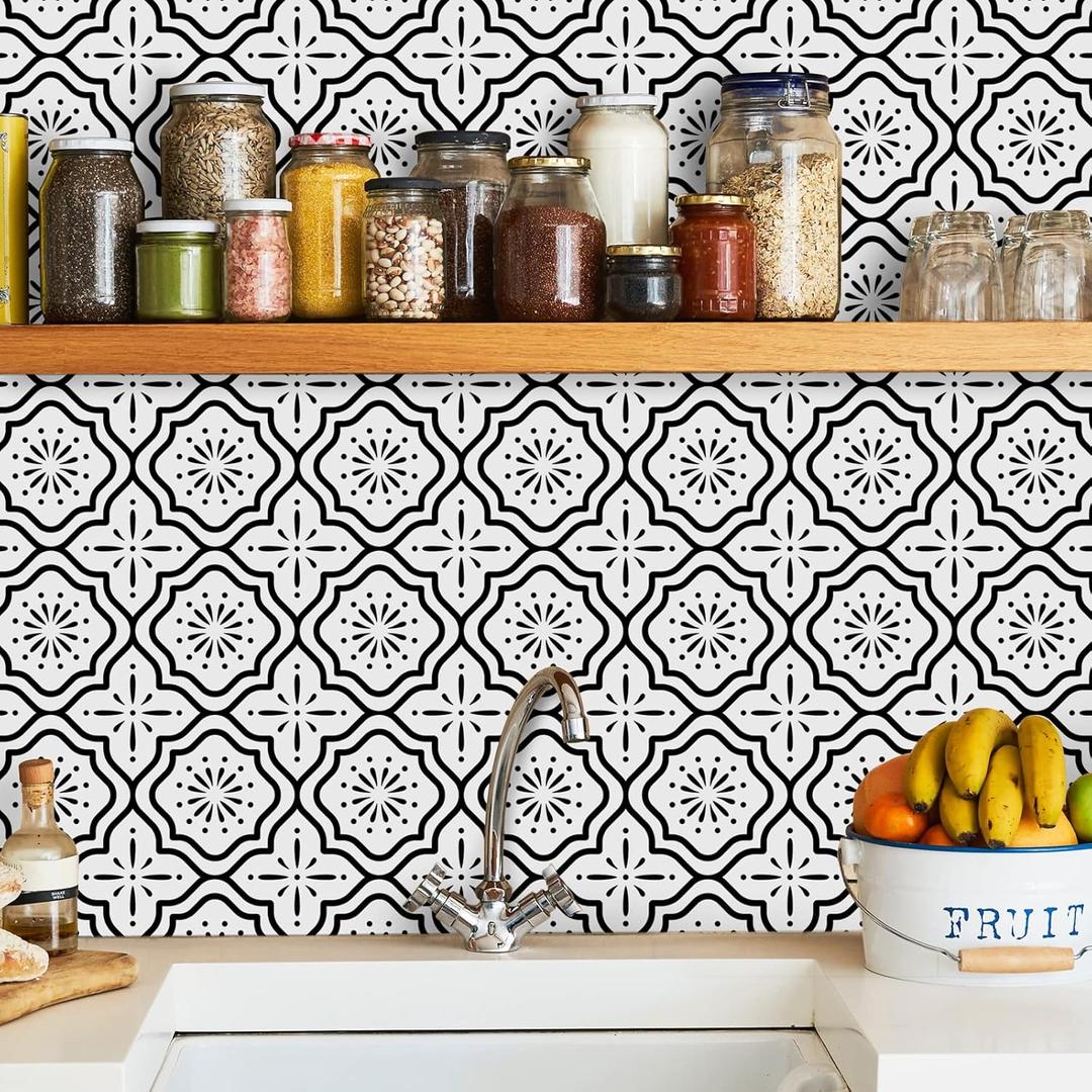 Sevalo Black White Peel and Stick Wallpaper Boho Contact Paper for Cabinets Black and White Geometric Contact Paper Self-Adhesive Removable Wallpaper Kitchen Drawer Liner Waterproof 17.5inW 197inL