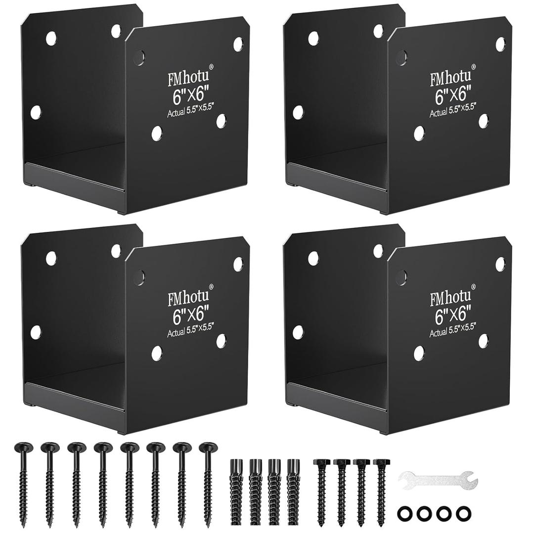 6x6 Stainless Steel Post Base,Internal 5.5 x 5.5 Post Anchor Bracket,Deck Post Base Concrete Support Anchor Base for Deck Railing, Fences, Mailboxes(4Pcs Black)