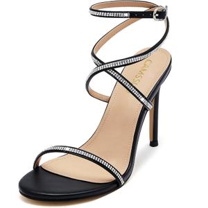 CAMSSOO Rhinestone Strappy Heels for Women Open Toe Ankle Strap Stiletto High Heel Sandals for Wedding, Party, Prom, Evening, Size 9