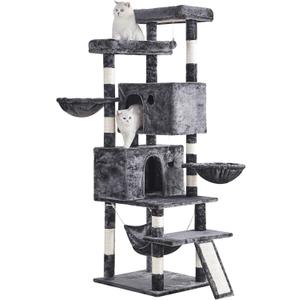 Cat Tree for Indoor Cats Large Adult, 66.9 Inches Multi-Level Tall Cat Tower with Sisal Scratching Posts, Large Plush Perches, Spacious Condos, Baskets, Hammock & Scraping Ladder (Dark Gray)