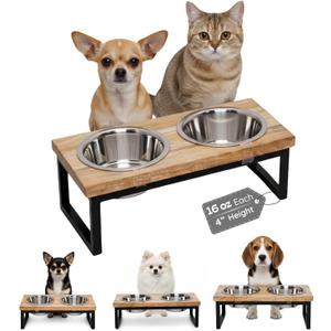 Elevated Dog Bowls, 4” Small Dogs & Cats Raised Bowl Mango Wood Stand, Food & Water 2 Stainless Steel Dishes Each 16oz/2Cup Capacity, Non-Slip Pet Feeder Station in Brown for Toy Breeds