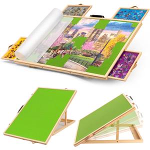 Tektalk Convertible Jigsaw Puzzle Board, Two-Way Use Adjustable Puzzle Table with Cover & 4 Colored Sorting Drawers, Tilting Wooden Plateau, for Up to 1000 Pieces - Green