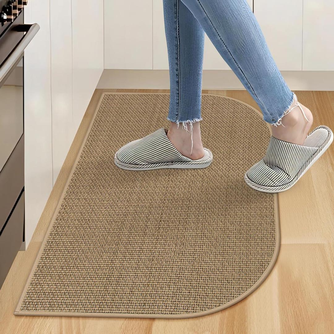 KIMODE Washable Kitchen Rugs Non Slip, Farmhouse Half Circle Kitchen Rugs, Absorbent Kitchen Mats for Floor 18"X27", Kitchen Floor Mat for Front of Sink, Entryway, Laundry Room Khaki (Beige)