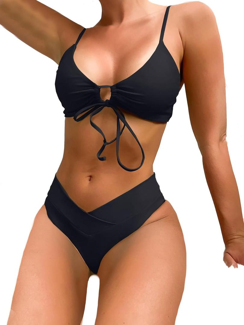 Sexybody Women's V Cut Bikini Sexy Tie Front Cutout High Cut Two Piece Swimsuit Bathing Suit (Medium, Black)