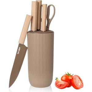 Knife Set, Wiztoynia 6-Piece Coffee Kitchen Knife Set for Home, Anti-Rust Non-stick Stainless Steel Sharp Chef Knife Set with Universal Knife Block for Kitchen, Ergonomical Design (Coffee)