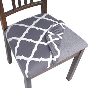 SearchI Seat Covers for Dining Room Chairs Stretch Printed Chair Seat Covers Set of 4, Removable Washable Upholstered Chair Seat Protector Cushion Slipcovers for Kitchen, Office(Grey+White)