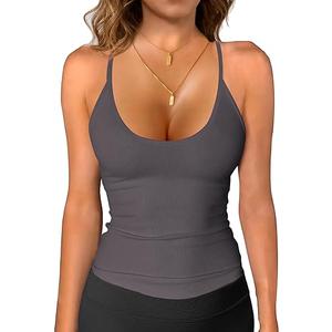 iGENJUN Tank Tops for Women 2025 Built in Shelf Bra Spaghetti Strap Summer Camisole U Neck Slim Fit Ribbed Sleeveless, Aa-Gray, Smalll