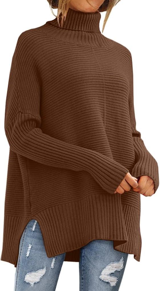 LILLUSORY Women's Oversized Turtleneck Sweaters Fall Batwing Sleeve Ribbed Tunic Sweater (Large, Brown)