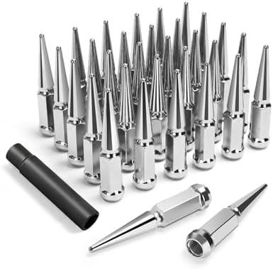 32PCS 14X1.5 Spike lug nut 4.4" Tall-Chevy Silverado 8Lug, M14x1.5 Electroplated Wheel Spike Lug Nut For Suburban GMC Sierra Yukon Ford F250 F350 RAM 2500 3500 Aftermarket Wheel,One Piece Anti-Rusting