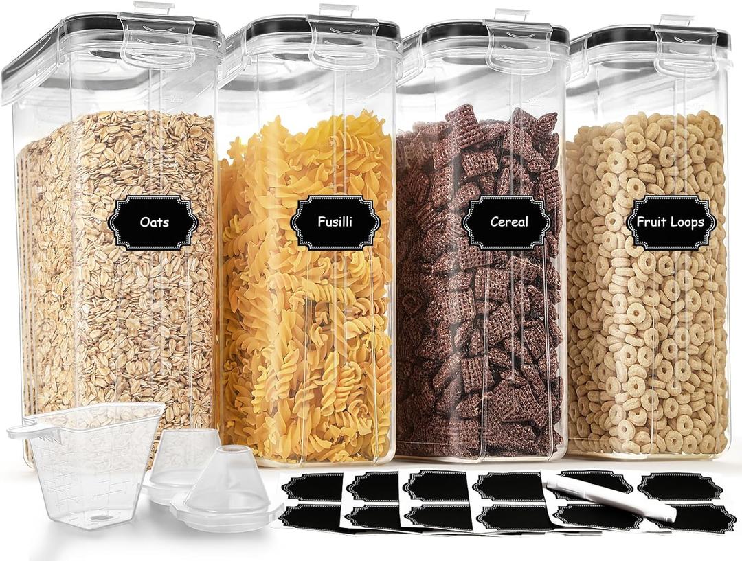 Cereal Containers Storage Set (4L / 135.2oz), 4PCS Airtight Food Storage Containers with Lids, Cereal Dispensers for Kitchen Pantry Organization and Storage with Pour Spout, 20 Labels, Marker Cereal Containers Storage Set (4L / 135.2oz), 4PCS Airtight Food Storage Containers with Lids, Cereal Dispensers for Kitchen Pantry Organization and Storage with Pour Spout, 20 Labels, Marker