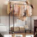 Clothes Rack, Rolling Clothing Rack with Double Rods for Hanging Clothes, Portable Garment Rack with Wheels, Metal Wardrobe Closet Organizer for Bedroom and Laundry Room