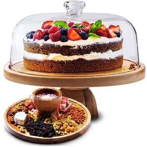 AZ-Homey Cake Stand with Acrylic Dome Lid 2-in-1 Multifunctional Round Shatterproof Dessert Table Display Set with Acacia Wood Serving Platter, Veggie Tray, Fruit Bowl, Donut Stand, Nachos Plate