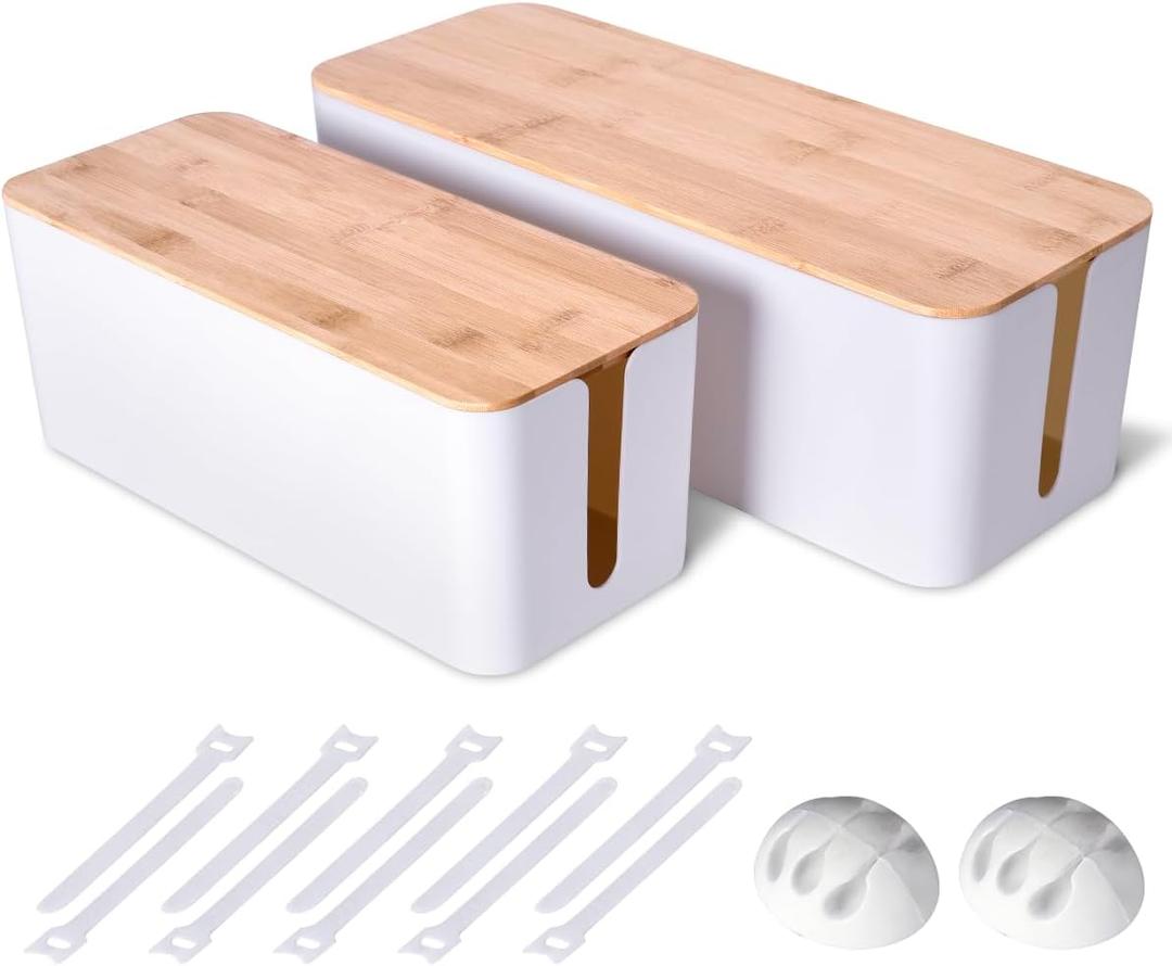 2 Pack Large Cable Management Box Wooden Style Cord Organizer and Cover for TV Wires, Computer, Router, USB Hub and Under Desk Power Strip Safe ABS Material and Baby-Pets Proof Lock (White)