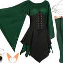 Jadive 5 Pcs Women Elf Renaissance Medieval Dress Traditional Irish Fairy Viking Costume Elf Ear for Halloween Cosplay (Small, Green, Black)