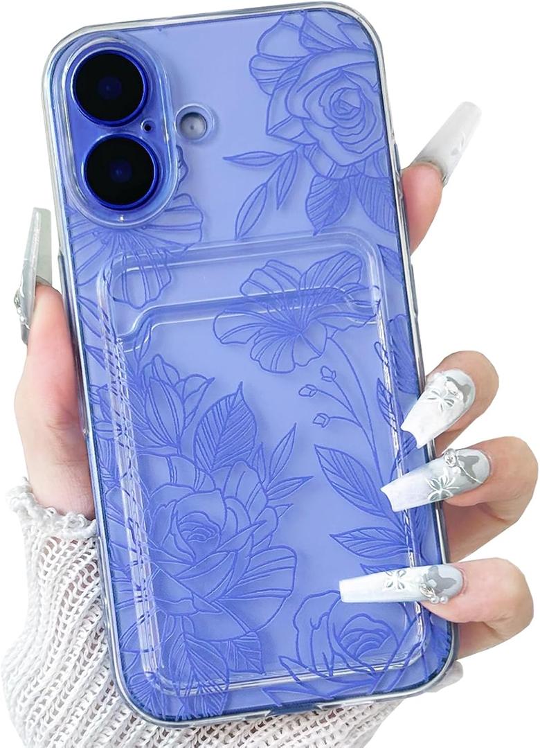 NITITOP Compatible with iPhone 16 Case with Card Holder Clear Cute Line Rose Floral Flowers for Women Girls Soft TPU Wallet Shockproof Protective Cover - Blue