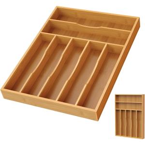 Bamboo Silverware Organizer, Bamboo Kitchen Drawer Cutlery Organizer, Utensil Holder, Flatware Organizer Tray (15.8"x11.7"x1.6")