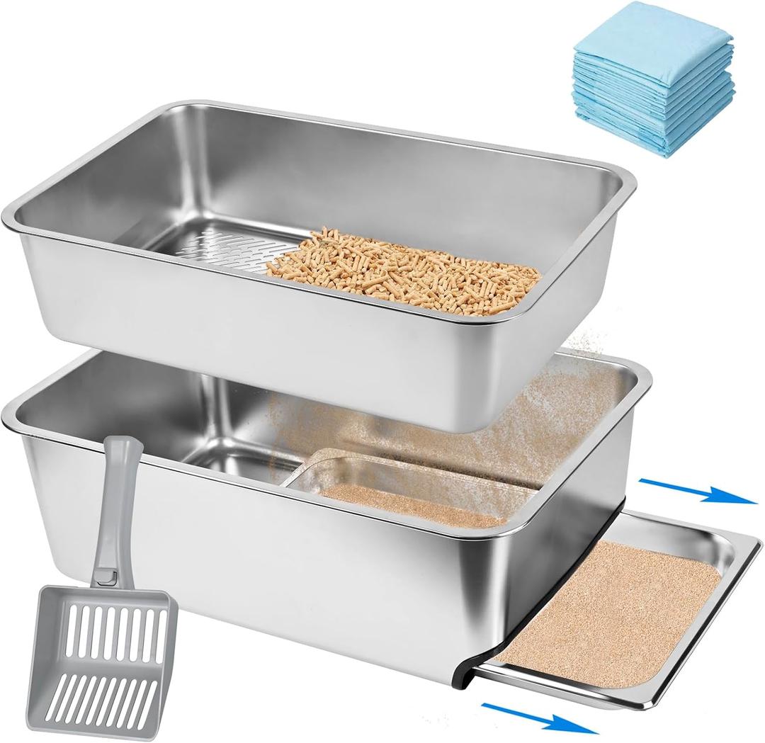 23.5" x 15.7" x 8" Stainless Steel Sifting Litter Box for Pine Pellets, XXL Large Pull-Out Cat Litter Box for Big Cats with High Sides, Metal Cat Litter Pan with Plastic Scoop &10 Urine Pads
