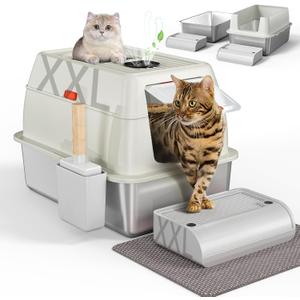 Cat Litter Box with Lid,Extra Large Stainless Steel Litter Boxes,Odor Free,Non-Sticky,Anti-Leakage,Covered Front Entry Top Exit Litterboxes for Big Cats,Dogs,Kitty,Rabbit,Suit for Indoor and Outdoor