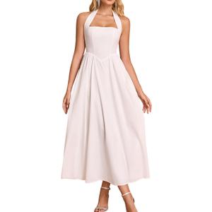 Halter Wedding Guest Midi Dress Corset Flowy A Line Tea Party Sundress 2026 Milkmaid Dresses with Pockets White, Large