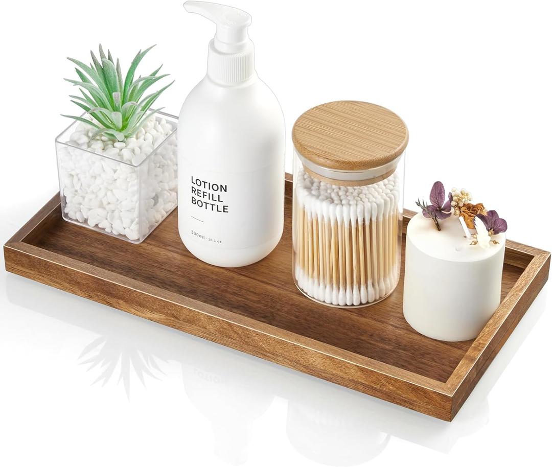 ALELION 11.7" Bathroom Vanity Tray for Counter - Acacia Wood Decorative Tray for Toilet Tank Makeup Perfume Jewelry Catchall Coffee Table - Wooden Kitchen Countertop Organizer for Soap Dispenser (6" x 0.8" x 11.7")