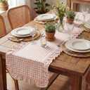 HunnmingRe 1 Pcs Light Pink Plaid Gingham Ruffle Table Runner 118 x 13.8'' Farmhouse Table Runner 100% Cotton Scalloped Long Dresser Scarves for Mothers Day Dining Room, Wedding, Rustic Home Decor