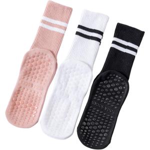 Pilates Socks With Grips for Women:Cute Non Slip Crew Gripper Yoga Sock-Grippy Sticky for Hospital/Dance Barre/Workout (Medium, Black+ White + Pink)
