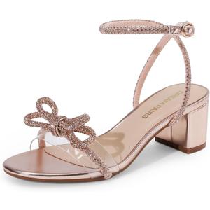 DREAM PAIRS Women's Double Bowknots Crystal Sandals Low Chunky Heels Clear Slingback Dress Shoes for Wedding Bridal Party (7, Champagne)