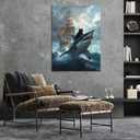 Cartoon Cute Black Cat Wall Art Retro Black Cat Vs Shark Wall Decor Funny Quirky Cat Print Poster Renaissance Animal Canva Painting Picturefor Room Bedroom Living Room Bathroom Framed
