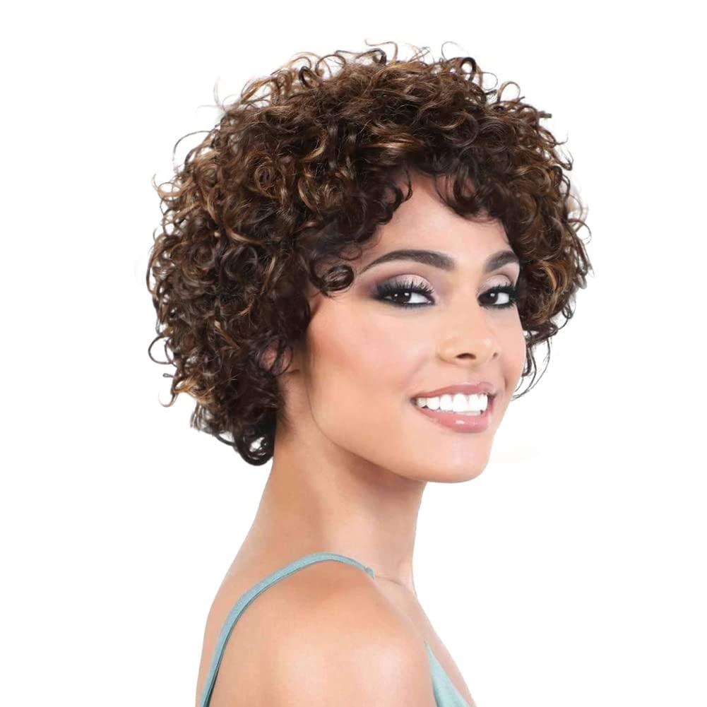 HUA Short Wigs for Black Women Human Hair Glueless Clearance Pixie Cut Short Curly Wigs Ombre Highlights Brown Mix 150% Density Bouncy Curly Wear and Go Glueless Wig Human Hair for Black/White Women (P4/30)