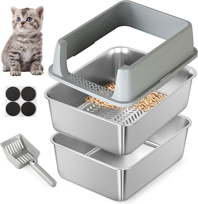 TIUUBT Stainless Steel Sifting Litter Box for Pine Pellets, Sifting Cat Litter Box with Sifter, High Side for Small Cats, AntiLeakage, Odor Control, Includes Scooper, 17.7" x 13.8" x 11"