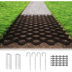 Gravel Grid 2'' Depth with Metal Stakes, 6.6x16.4 FT Geogrid for Gravel Driveway 2200 lbs per Sq FT Erosion Control Ground Grid Gravel Stabilizer Grid for Driveway, Parking Lot, Slope, Walkway, Patio