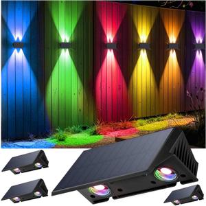 Fence Lights Solar Powered, 4-Pack Solar Fence Lights Up/Down Flexible Buttons, IP67 Waterproof for Outdoor, 100LM Bright, Auto Dusk to Dawn for Wall/Stairs/Yard/Railing/Deck/Pathway (White & RGB)