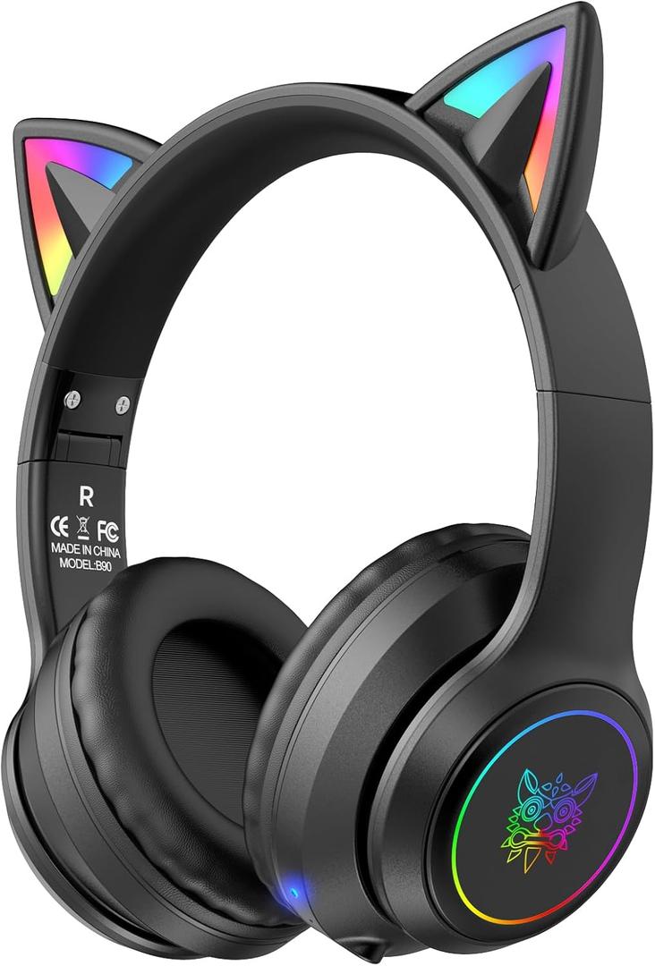 Cat Ear Bluetooth Headphones for Kids & Adults, 55H Play Time, Wireless Foldable & Wired Multi-Function LED Light Up Over Ear Headphones with Mic and Volume Control for iPhone/iPad/Laptop/PC, Black