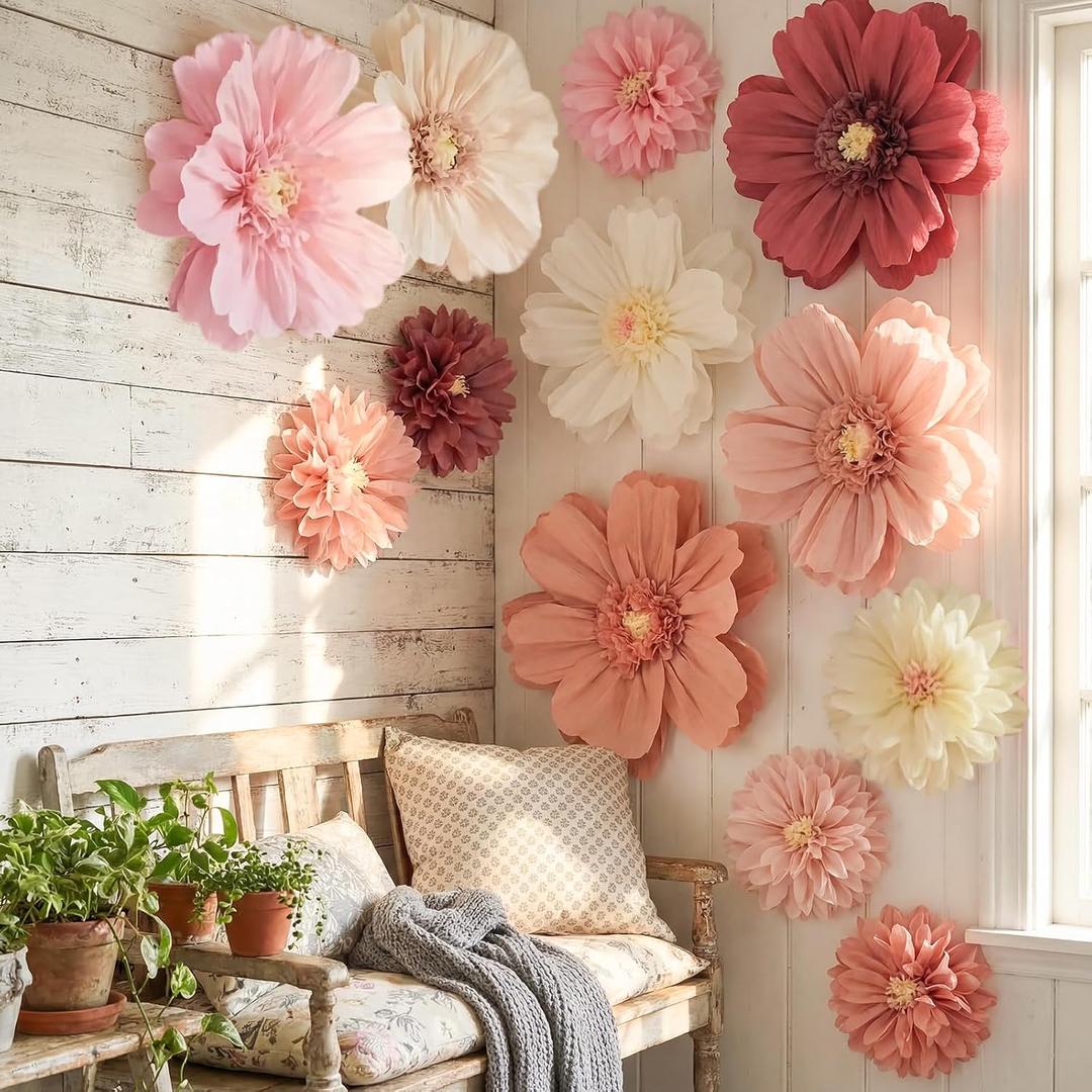 Lerheedi 12 Pcs 31.5" 20" Giant Tissue Paper Flower Decoration Extra Large Wall Crepe Paper Flower Pom Poms Church Floral Decoration for Mexican Fiesta Wedding Bridal Shower Decor (Rose Color)