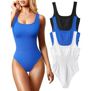 OQQ Women's 3 Piece Bodysuits Sexy Ribbed Sleeveless Square Neck Tank Tops Leotard 2025 Trendy Outfits (Black Blue White), Size: L OQQ Women's 3 Piece Bodysuits Sexy Ribbed Sleeveless Square Neck Tank Tops Leotard 2025 Trendy Outfits (Black Blue White), Size: L