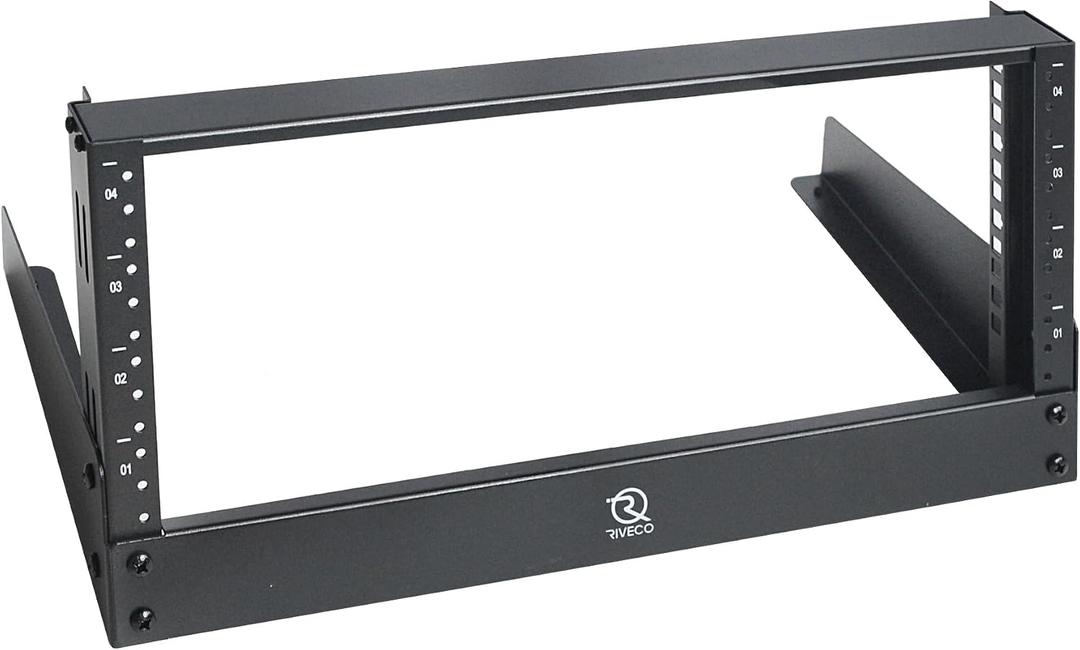 RIVECO 4u Tabletop Rack for Audio & Network, Desktop Rack Shelf Open Frame Sound Recording Shelf, Tappered Holes Black 2 Post