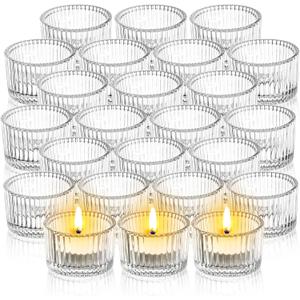 Elsjoy 24 Pack Glass Tealight Candle Holder, 2" x 1.4" Small Clear Glass Votive Candle Holders Mini Ribbed Tealight Holder for Wedding, Birthday, Festival, Table Centerpiece