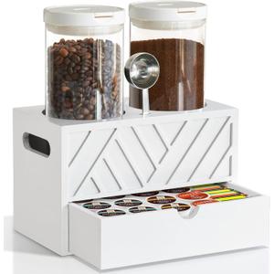 Coffee Canister For Coffee Bean Storage, Grounds Container With 2 Glass Jars With Airtight Lids And Scoop, Sugar Organizer For Bar With Drawer, Food And Nuts Flour Tea Grains 