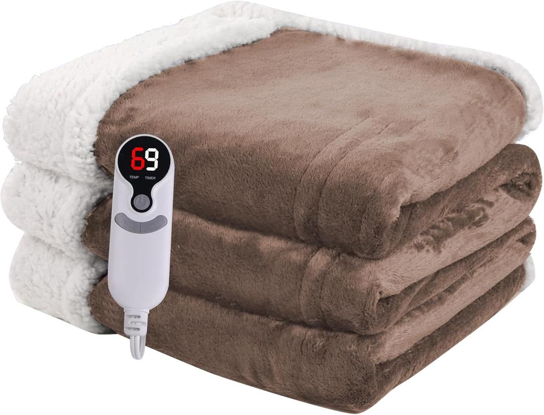 Heated Blanket Electric Blanket Full Size 72''x84'' with 9 Heating Levels, 1-10 Hour Auto Shut Off, Machine Washable, Flannel & Sherpa Soft Warming Blanket for Couch, Bed, Office - Brown