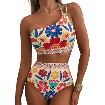 Women's High Waisted Bikini Set Floral One Shoulder Boho Swimwear Bathing Suit Swimsuit, Small